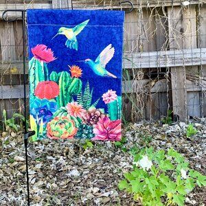12x18 Weather-Resistant Linen Garden Flag Hummingbirds Flowering Cactus Cacti